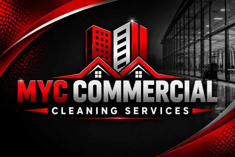 MYC Commercial Cleaning Services logo with red and black design, buildings icon, QR code, and service badges for quality, insured, and professional team