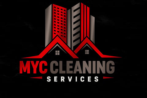 MYC Commercial Cleaning Services logo featuring red and white buildings with a house roof design on dark background